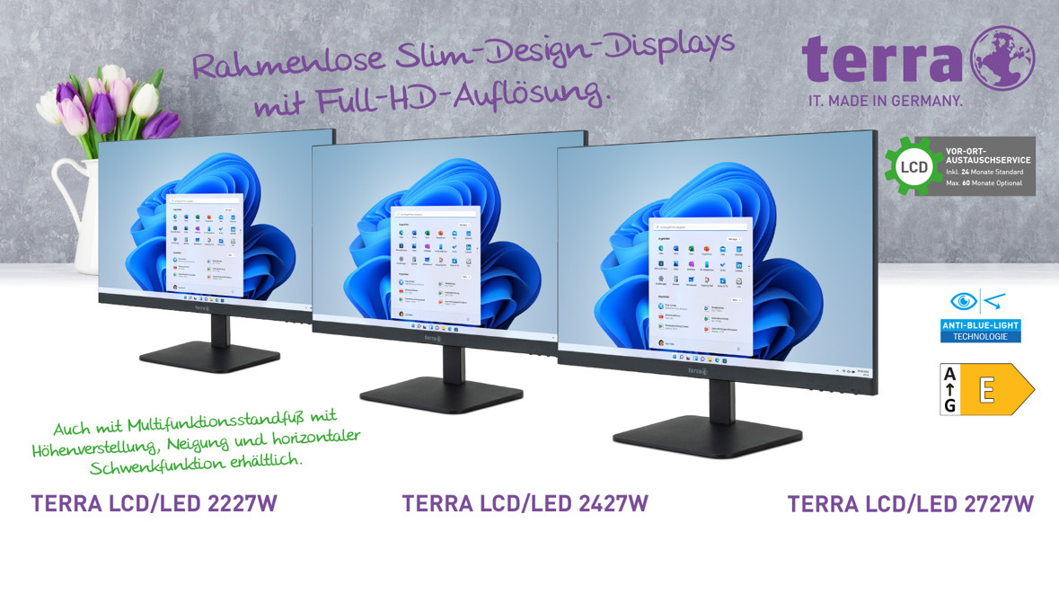 Rahmenloses Full-HD-Display mit AMVA-Panel und Multifunktionsstandfuß im topaktuellen, innovativen Design.